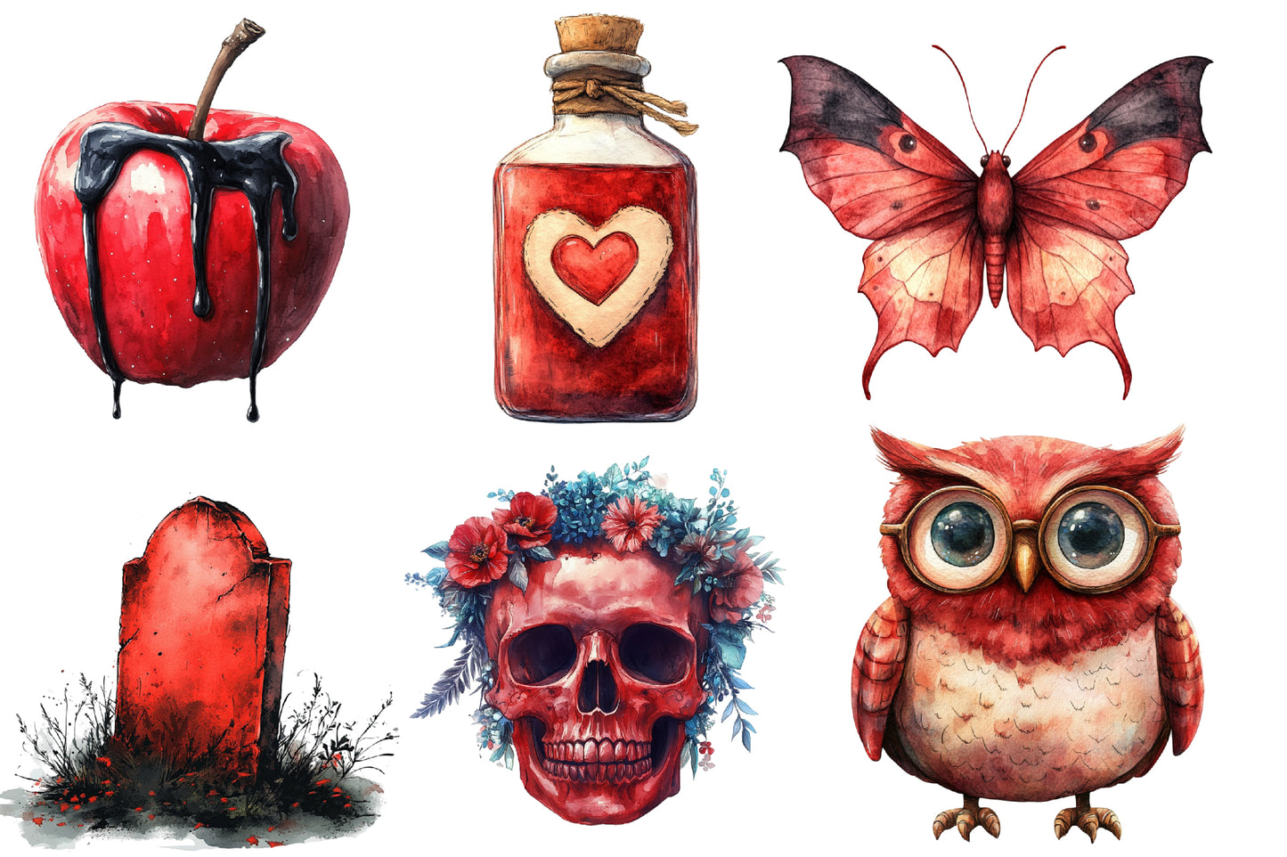 Red Halloween Watercolor Clipart PNG Bundle | Red Halloween Clipart | Red Halloween Sublimation PNG