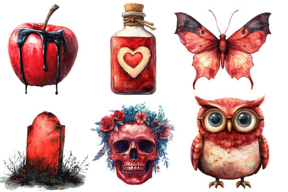 Red Halloween Watercolor Clipart PNG Bundle | Red Halloween Clipart | Red Halloween Sublimation PNG