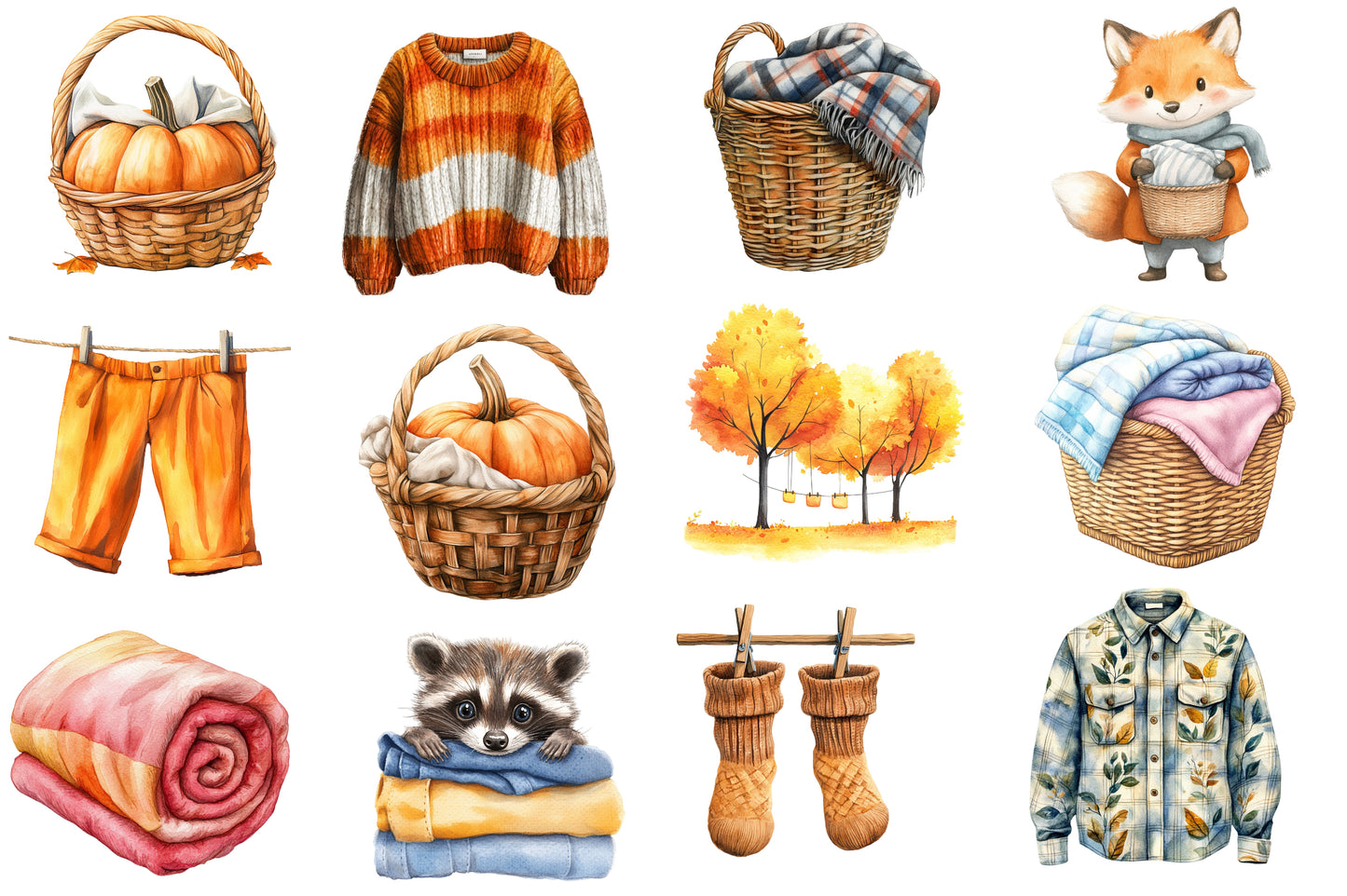 Autumn Laundry Clipart PNG Bundle | Fall Cozy Laundry Watercolor Clipart | Rustic Clothing Sublimation PNG