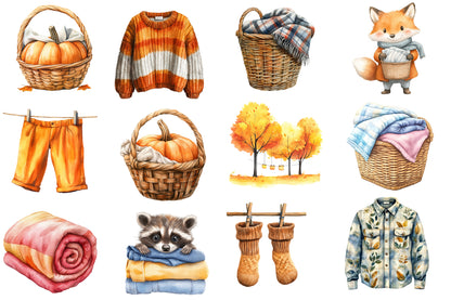 Autumn Laundry Clipart PNG Bundle | Fall Cozy Laundry Watercolor Clipart | Rustic Clothing Sublimation PNG
