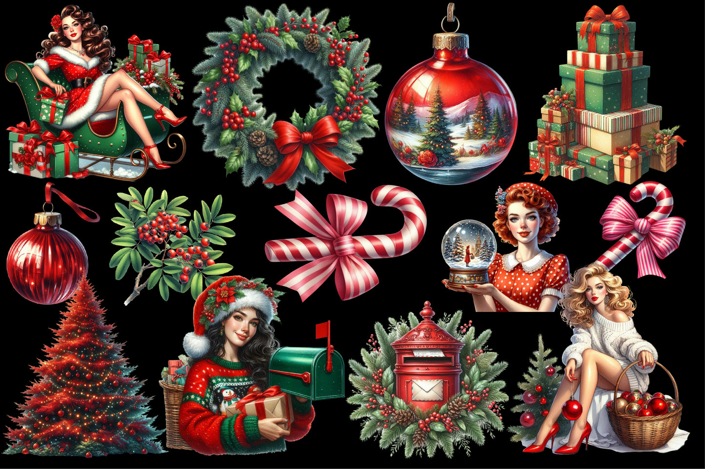 Merry Christmas Clipart PNG Bundle | Cute Festive Holiday Christmas Graphics | Watercolor Christmas Clipart