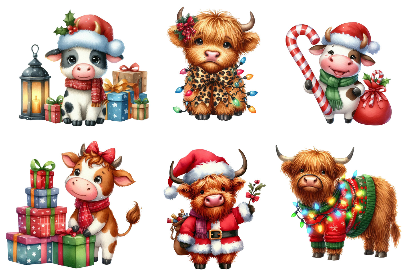 Christmas Highland Cow Clipart Bundle PNG | Watercolor Cute Highland Cow Christmas Clipart | Farmhouse Holiday Sublimation PNG
