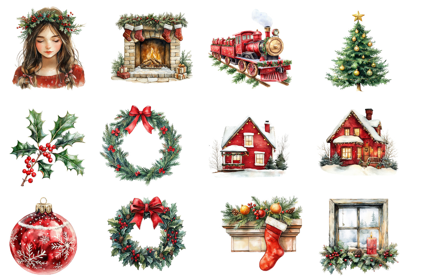 Classic Christmas Clipart PNG Bundle | Santa, Reindeer, Christmas Tree, Ornaments, Train, Nutcracker & Cozy Holiday Decor