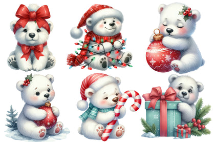 Cute Christmas Polar Bear Clipart PNG Bundle | Polar Bear, Santa Bear, Winter Bear, Christmas Lights & Holiday Animals