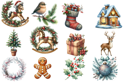 Boho Christmas Clipart Bundle PNG | Neutral Watercolor Christmas Clipart | Rustic Bohemian Holiday Sublimation