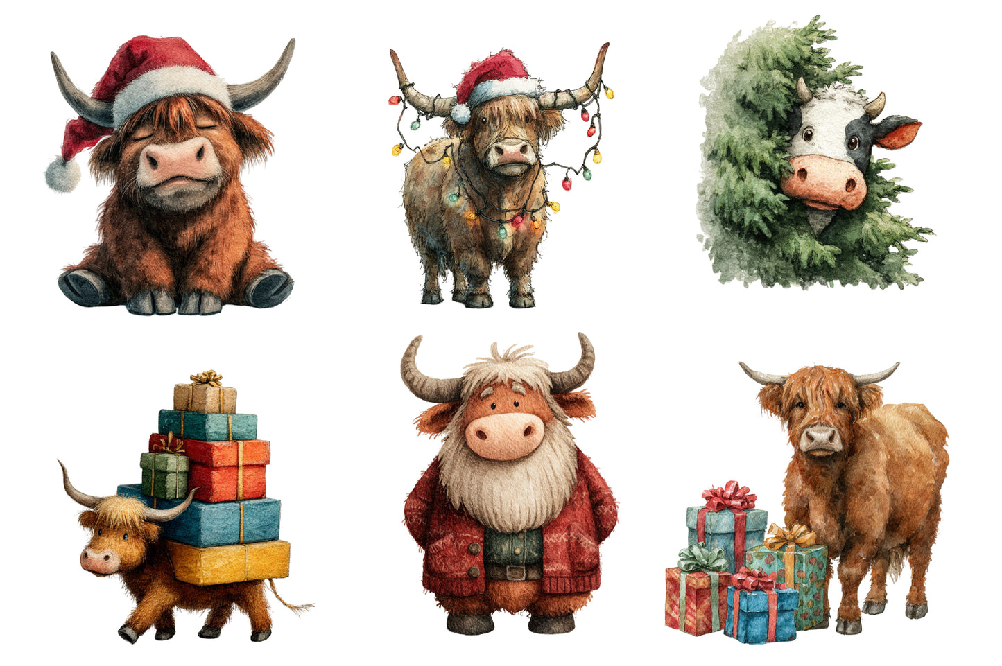 Christmas Highland Cow PNG Clipart Bundle | Watercolor Cute Farmhouse Highland Cow Christmas PNG | Holiday Sublimation