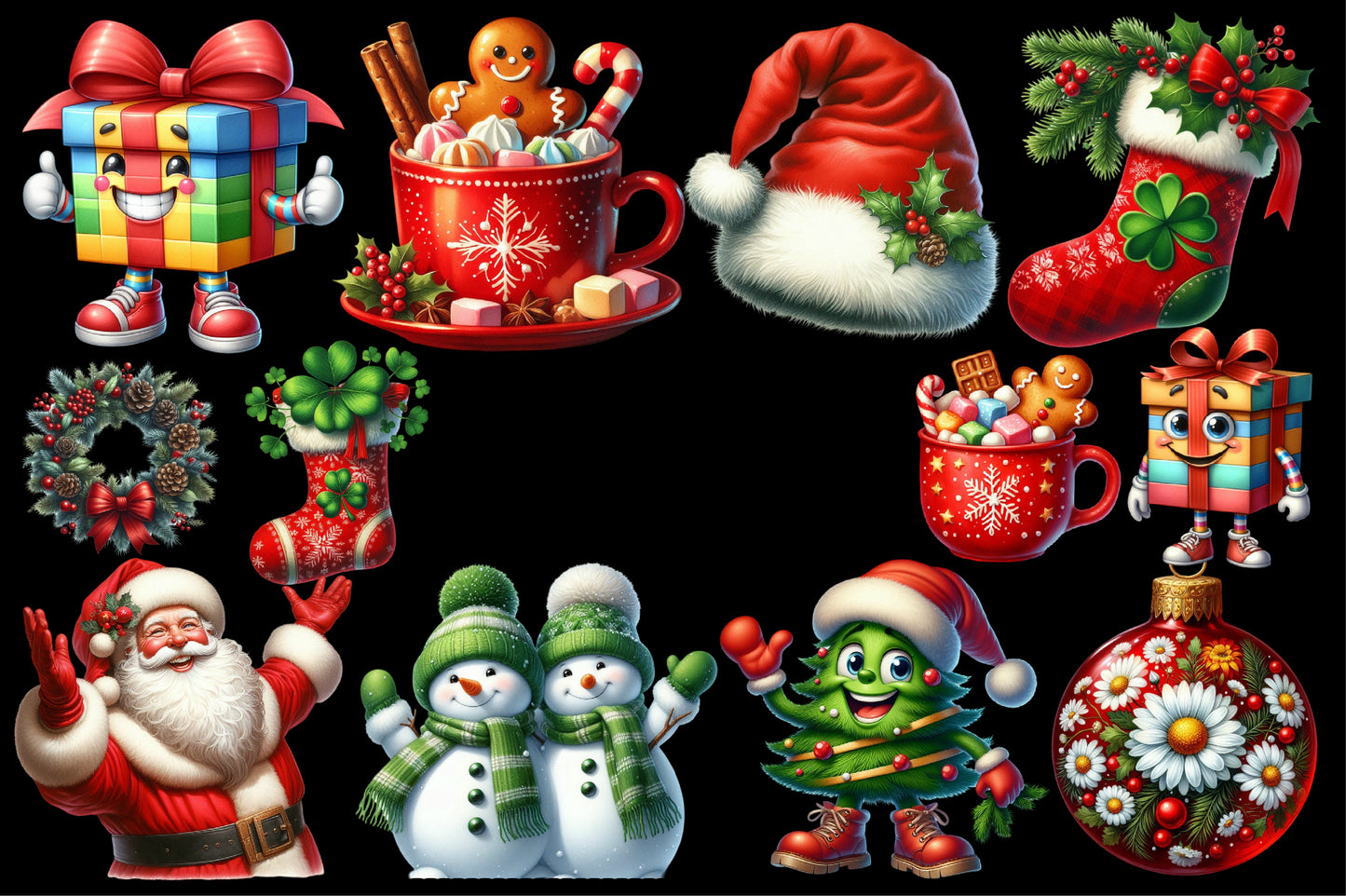 Watercolor Funny Christmas Clipart PNG Bundle | Cute Santa, Gift Box, Snowman, Stocking & Holiday Designs