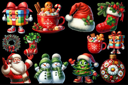 Watercolor Funny Christmas Clipart PNG Bundle | Cute Santa, Gift Box, Snowman, Stocking & Holiday Designs