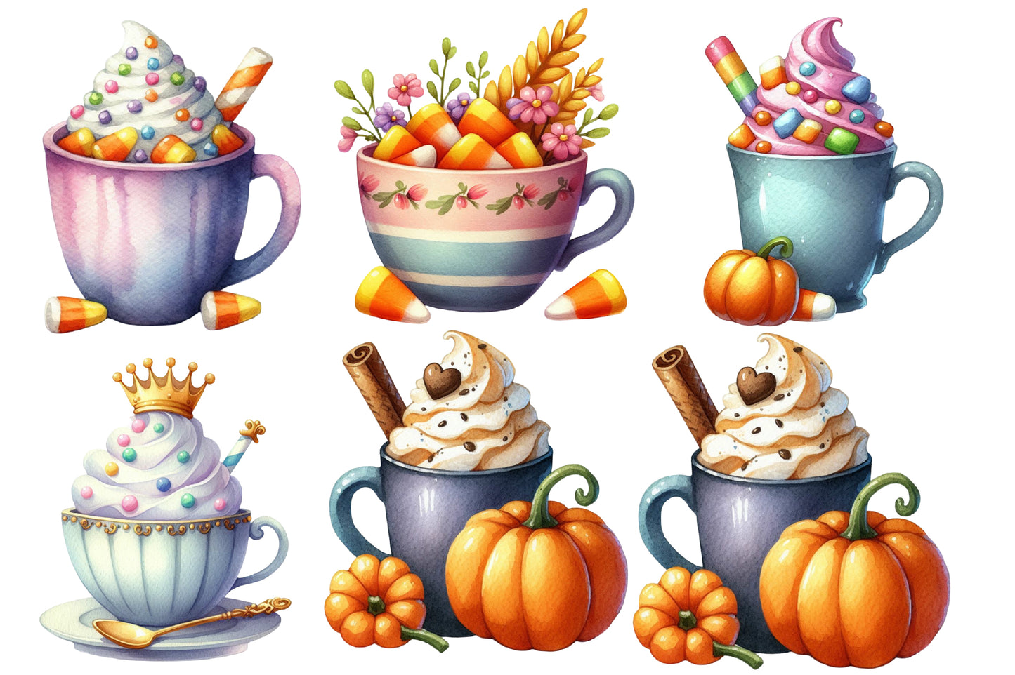 Halloween Drinks Cuties Clipart PNG | Cute Halloween Coffee Cup, Pumpkin Latte & Hot Cocoa Clipart,