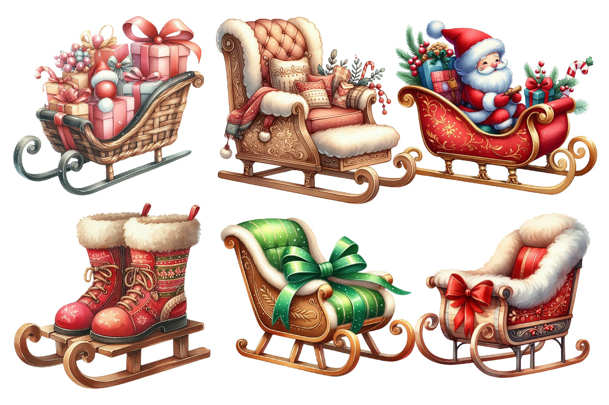 Christmas Sleigh Sublimation Clipart PNG Bundle | Watercolor Santa Sleigh Christmas Clipart | Festive Holiday Sleigh PNG