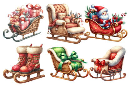 Christmas Sleigh Sublimation Clipart PNG Bundle | Watercolor Santa Sleigh Christmas Clipart | Festive Holiday Sleigh PNG