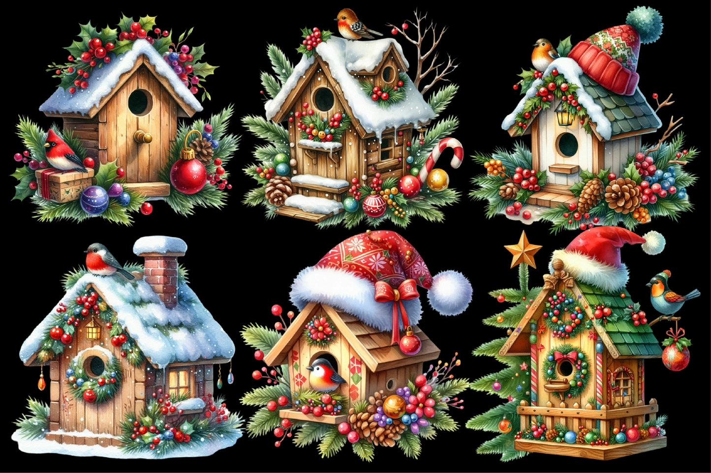 Christmas Bird House Clipart PNG Bundle | Winter Birdhouse, Christmas Birds, Snowy Bird House & Festive Holiday Cottage Designs