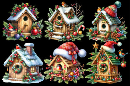 Christmas Bird House Clipart PNG Bundle | Winter Birdhouse, Christmas Birds, Snowy Bird House & Festive Holiday Cottage Designs