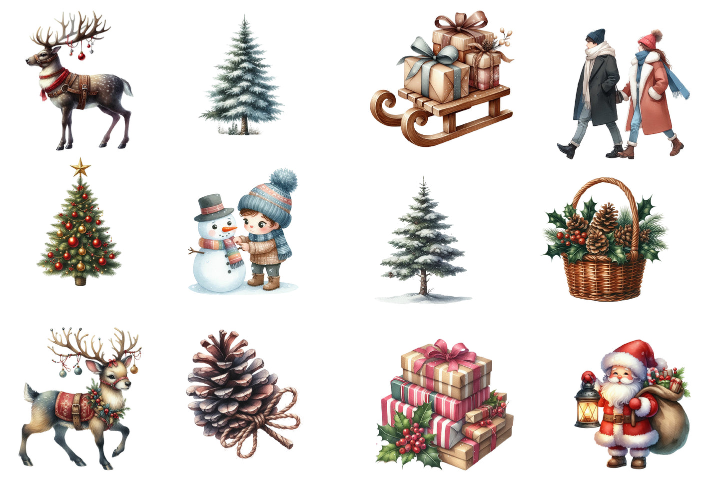 Christmas Rustic Winter Watercolor Clipart PNG Bundle | Cozy Rustic Christmas Clipart | Winter Christmas Sublimation PNG