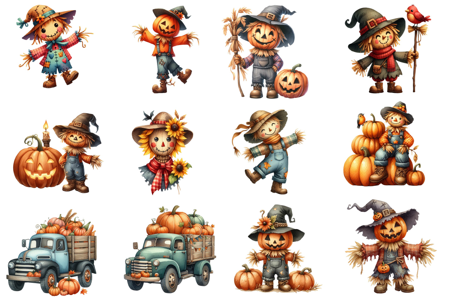 Halloween Scarecrow Clipart PNG | Pumpkin Scarecrow & Fall Farm Truck Clipart, Autumn Harvest PNG,
