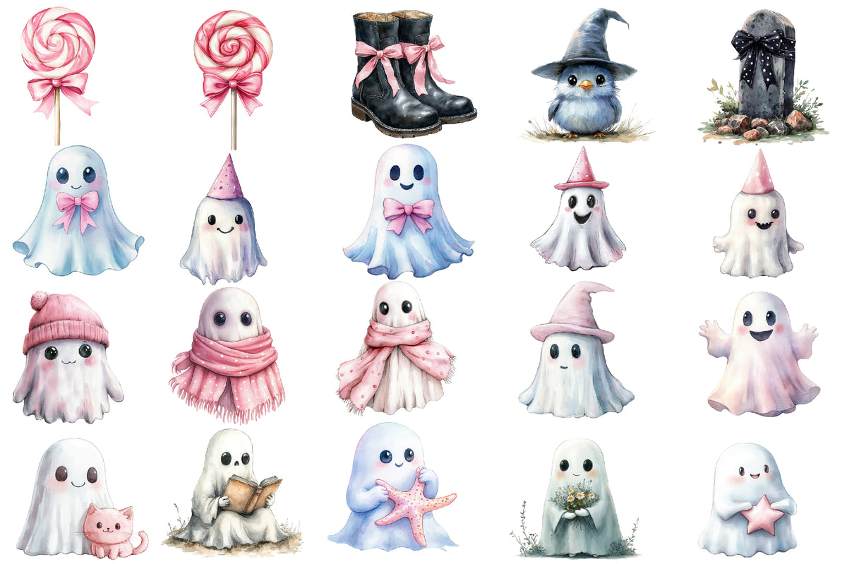 Pastel Halloween Clipart PNG Bundle | Cute Ghosts, Bats, Owl & Halloween Animals
