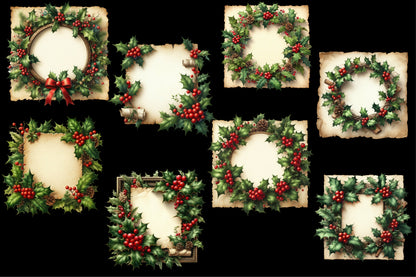 24 Christmas Holly Frame PNG Aged Paper Watercolor Clipart Bundle