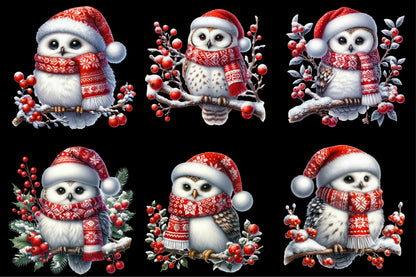 Watercolor Christmas Owl Clipart PNG Bundle | Cute Winter Owl & Holiday Birds