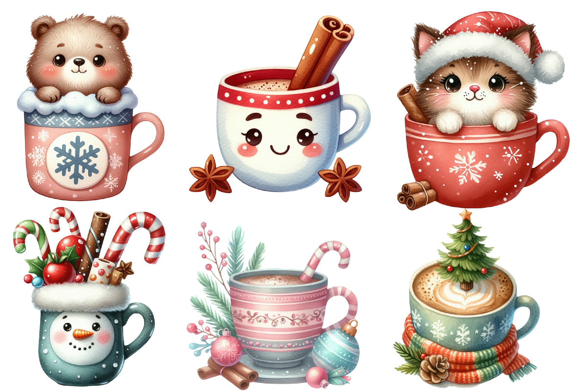 Christmas Coffee Clipart PNG Bundle | Cute Christmas Mugs, Hot Cocoa, Cats, Snowman, Reindeer, Gingerbread, Candy Cane & Holiday Drinks