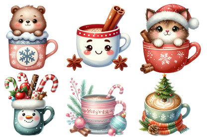 Christmas Coffee Clipart PNG Bundle | Cute Christmas Mugs, Hot Cocoa, Cats, Snowman, Reindeer, Gingerbread, Candy Cane & Holiday Drinks