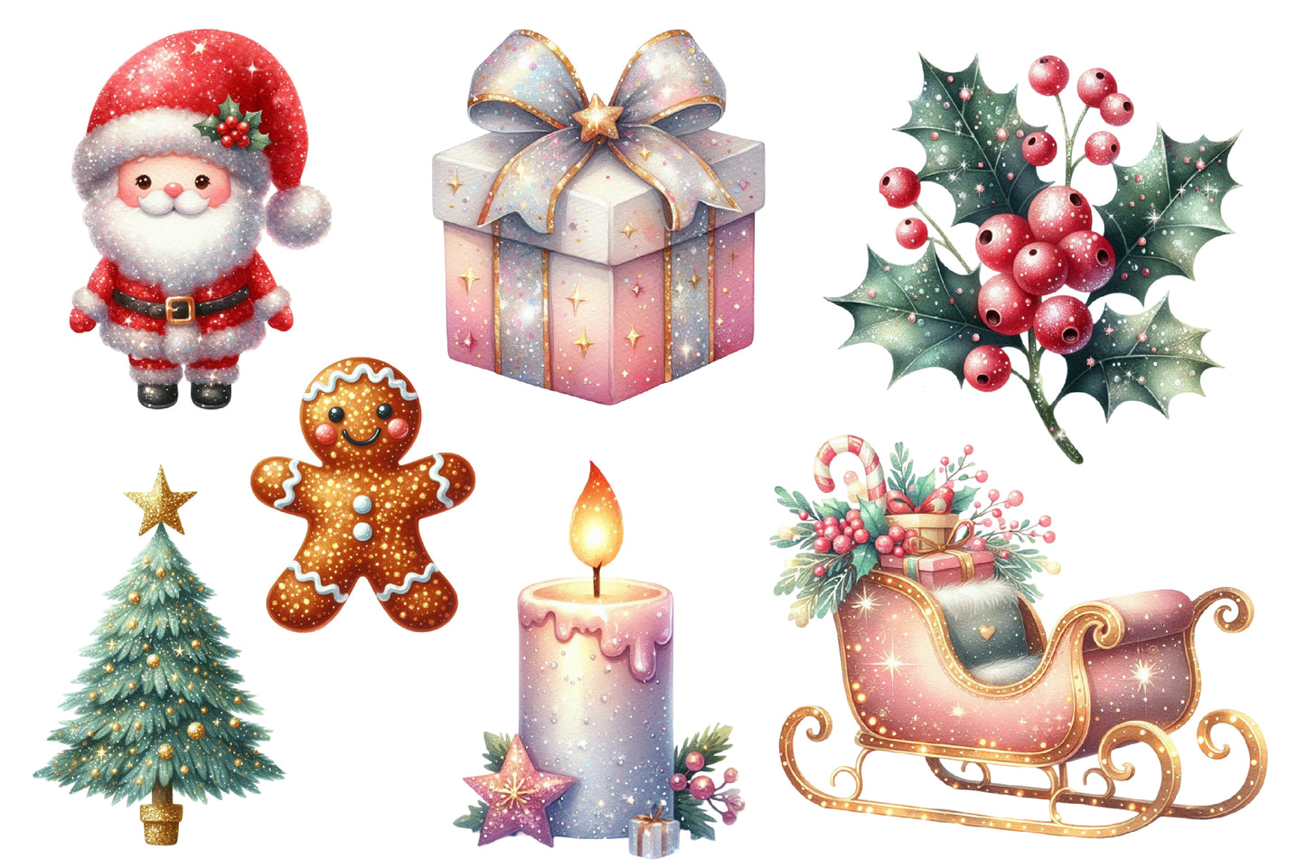 Glitter Cute Christmas Watercolor Clipart PNG Bundle | Cute Christmas PNG | Glitter Christmas Sublimation