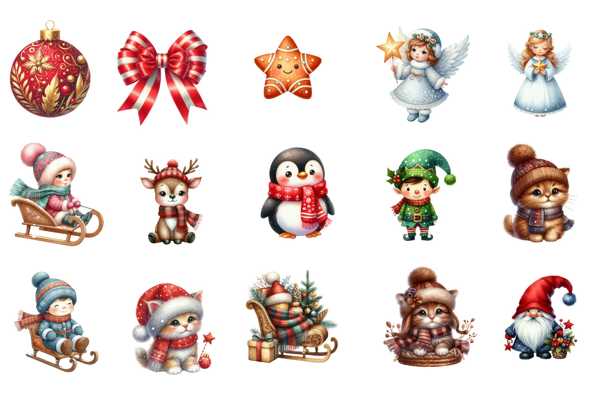 Cute Christmas Clipart PNG Bundle | Christmas Angels, Santa, Nutcracker, Christmas Tree, Penguin, Deer, Cat, Gnome & Holiday Clipart