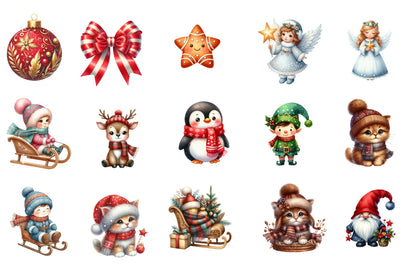 Cute Christmas Clipart PNG Bundle | Christmas Angels, Santa, Nutcracker, Christmas Tree, Penguin, Deer, Cat, Gnome & Holiday Clipart