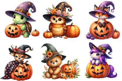 Halloween Animals Clipart PNG Bundle | Cute Witch Animal PNG, Spooky Pumpkin Animal Clipart