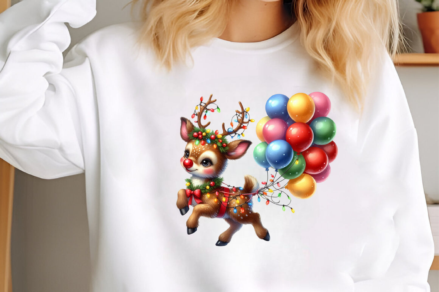 Christmas Baby Reindeer PNG Clipart Bundle | Watercolor Cute Reindeer with Christmas Lights & Balloons