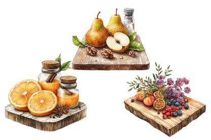 Watercolor Autumn Cutting Board Clipart PNG Bundle | Fall Kitchen, Pumpkin, Apple, Sunflower & Farmhouse Cooking PNG