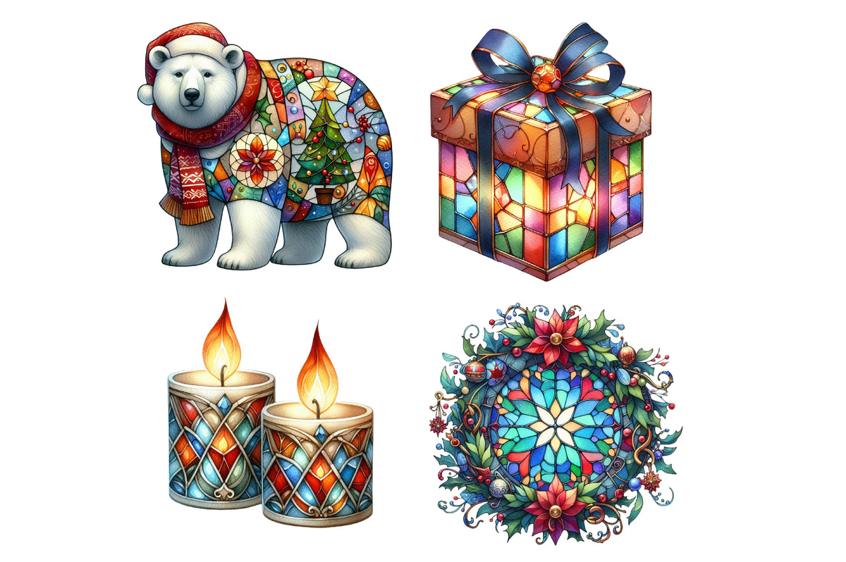 Christmas Stained Glass PNG Bundle | Watercolor Stained Glass Christmas Clipart | Festive Holiday Window Sublimation PNG