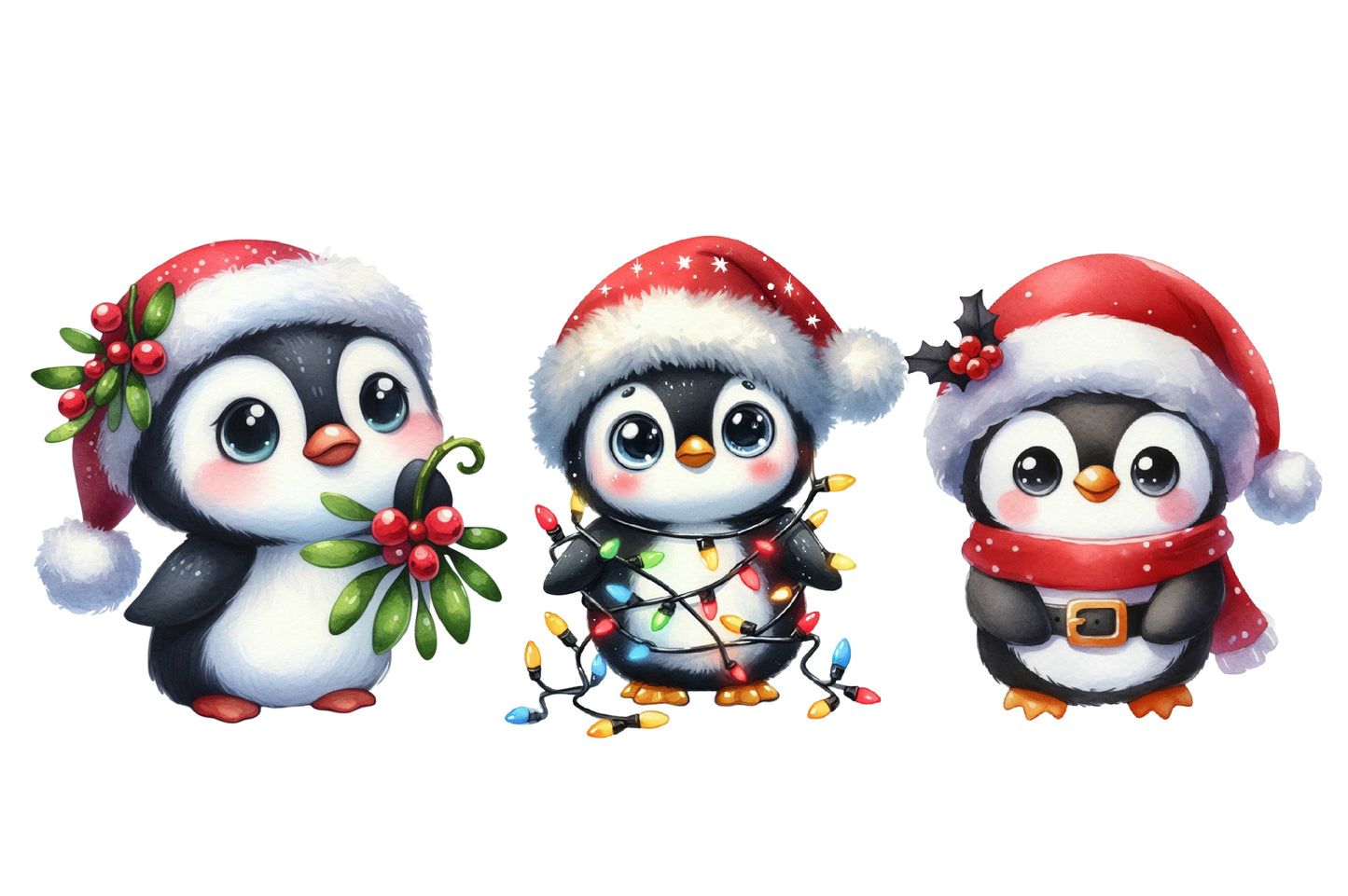 Christmas Funny Penguin Clipart PNG Bundle | Watercolor Cute Funny Christmas Penguin Clipart | Holiday Penguin Sublimation PNG