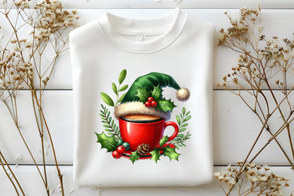 Christmas Coffee Cup Clipart PNG Bundle | Red Coffee Mugs, Santa Hats, Holly Berry & Festive Winter Coffee Designs