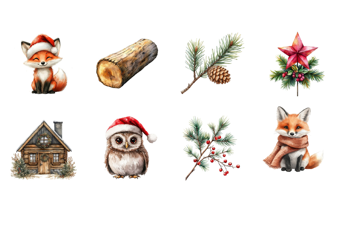 Christmas Woodland Clipart PNG Bundle | Rustic Cabins, Christmas Tree, Woodland Animals, Snowy Trees & Holiday Decor
