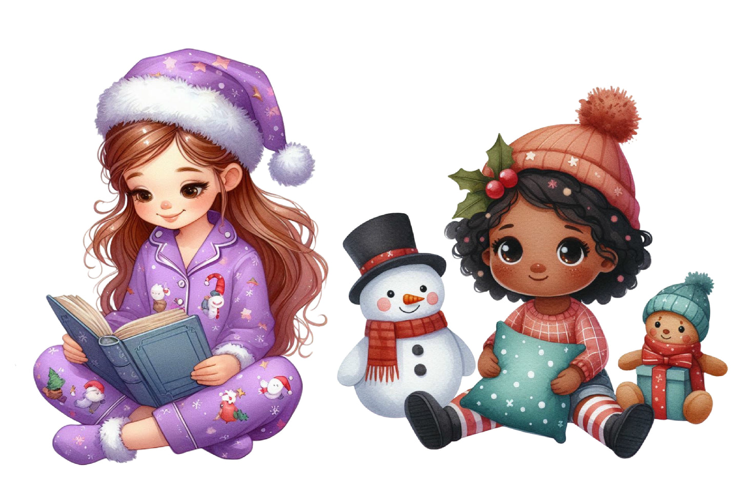 Christmas Quirky Girl Watercolor Clipart PNG Bundle | Cute Christmas Girl PNG | Holiday Girl Sublimation