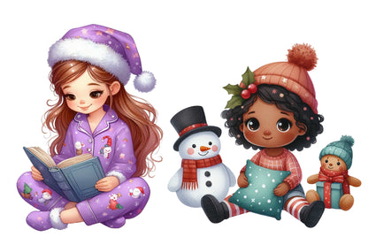Christmas Quirky Girl Watercolor Clipart PNG Bundle | Cute Christmas Girl PNG | Holiday Girl Sublimation