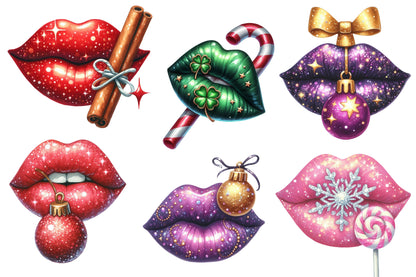 Christmas Lips Clipart PNG Bundle | Watercolor Festive Christmas Lips Clipart | Cute Holiday Lips Sublimation PNG