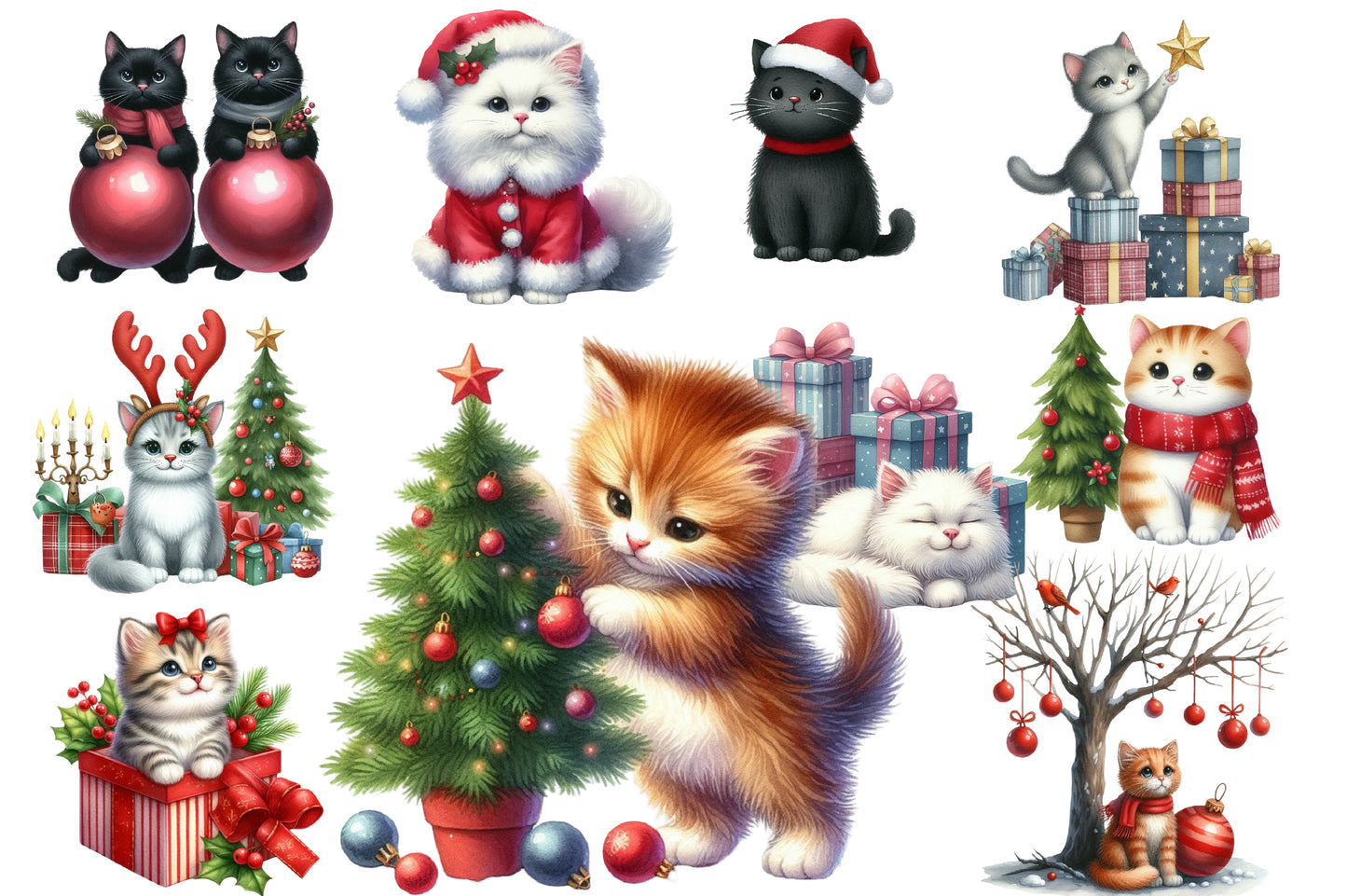 Christmas Cats Clip Art PNG Bundle | Watercolor Cute Christmas Cat Clipart | Festive Holiday Cat PNG