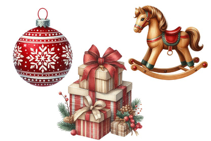 Nordic Christmas Clipart PNG Bundle | Scandinavian Christmas Watercolor Clipart | Red Christmas Sublimation PNG