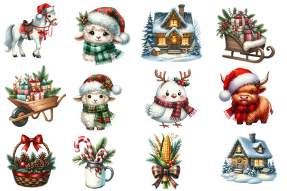 Christmas Farm Sublimation Clipart PNG Bundle | Watercolor Rustic Farm Christmas Clipart | Holiday Farmhouse PNG