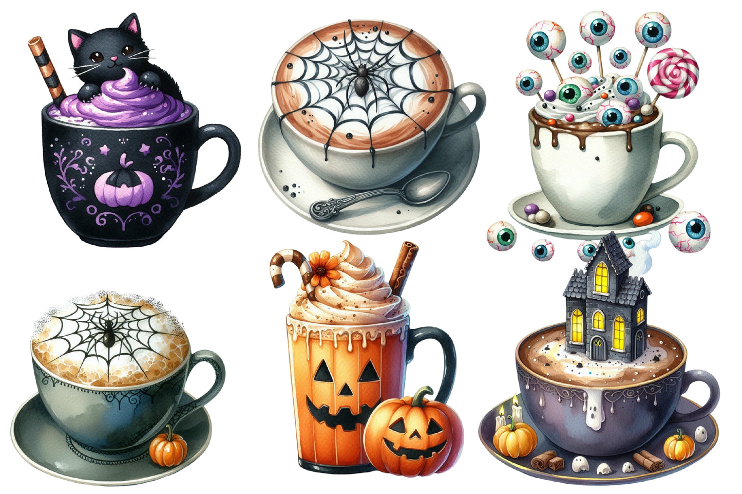 Halloween Coffee Latte Clipart PNG Bundle | Spooky Coffee Cup PNG, Pumpkin Latte Clipart