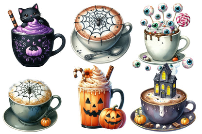 Halloween Coffee Latte Clipart PNG Bundle | Spooky Coffee Cup PNG, Pumpkin Latte Clipart