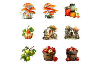 Autumn Watercolor Clipart PNG Bundle | Fall Harvest Clipart | Rustic Autumn PNG | Woodland Fall Sublimation