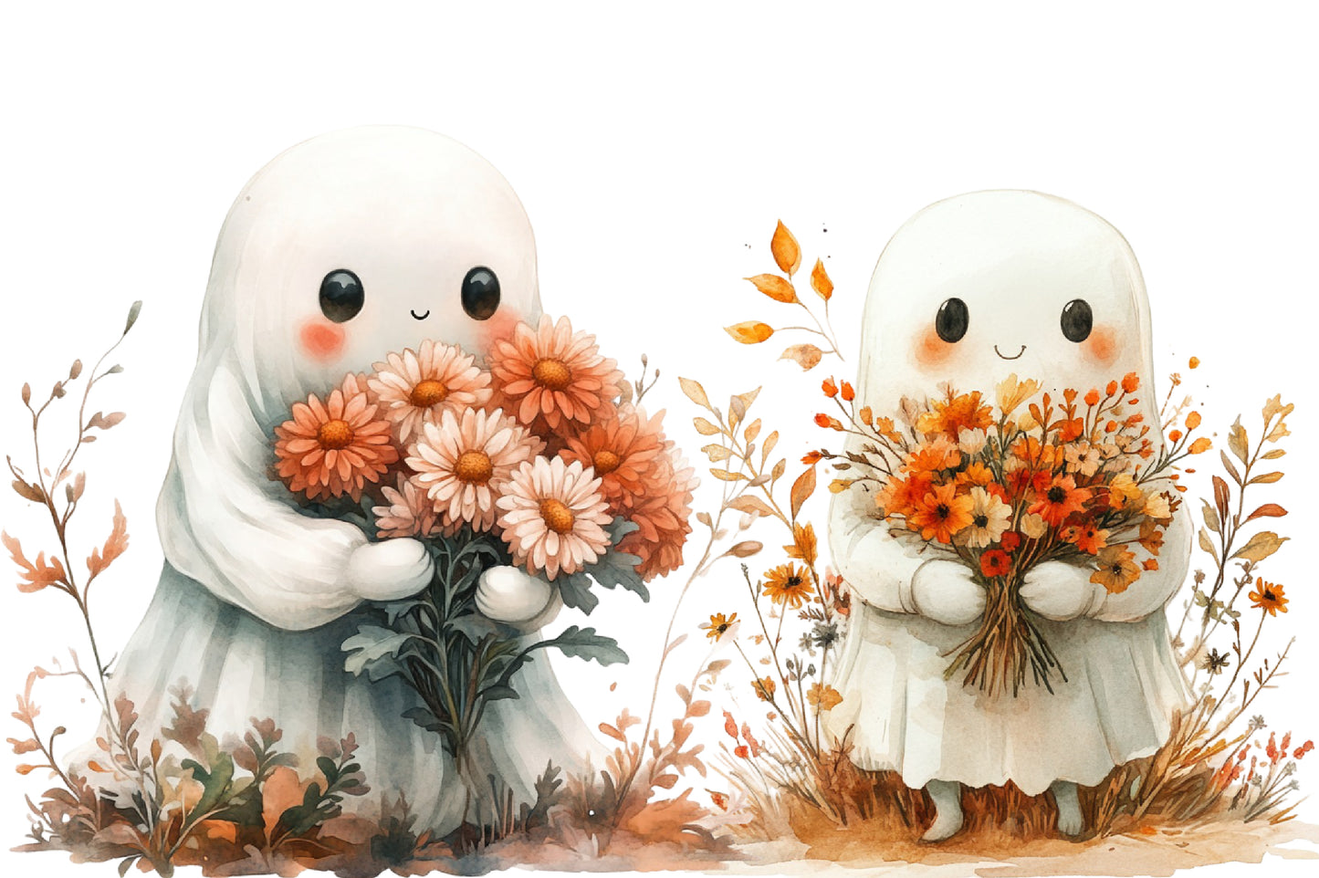 Halloween Floral Ghost Clipart PNG | Cute Ghosts with Flowers, Kawaii Halloween Ghost PNG