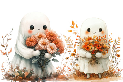 Halloween Floral Ghost Clipart PNG | Cute Ghosts with Flowers, Kawaii Halloween Ghost PNG