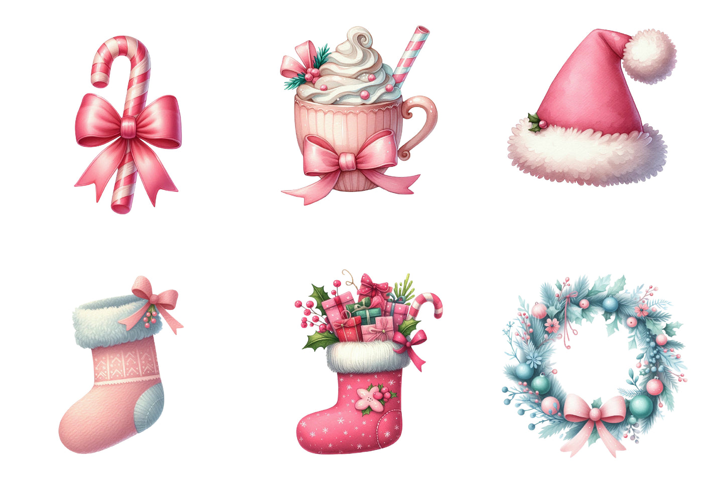 Pink Christmas Watercolor Clipart PNG Bundle | Cute Pink Christmas Clipart | Pastel Christmas Sublimation PNG
