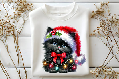 Christmas Black Cat Clipart PNG Bundle | Cute Watercolor Black Cat, Santa Hat, Christmas Lights & Festive Kitty Designs