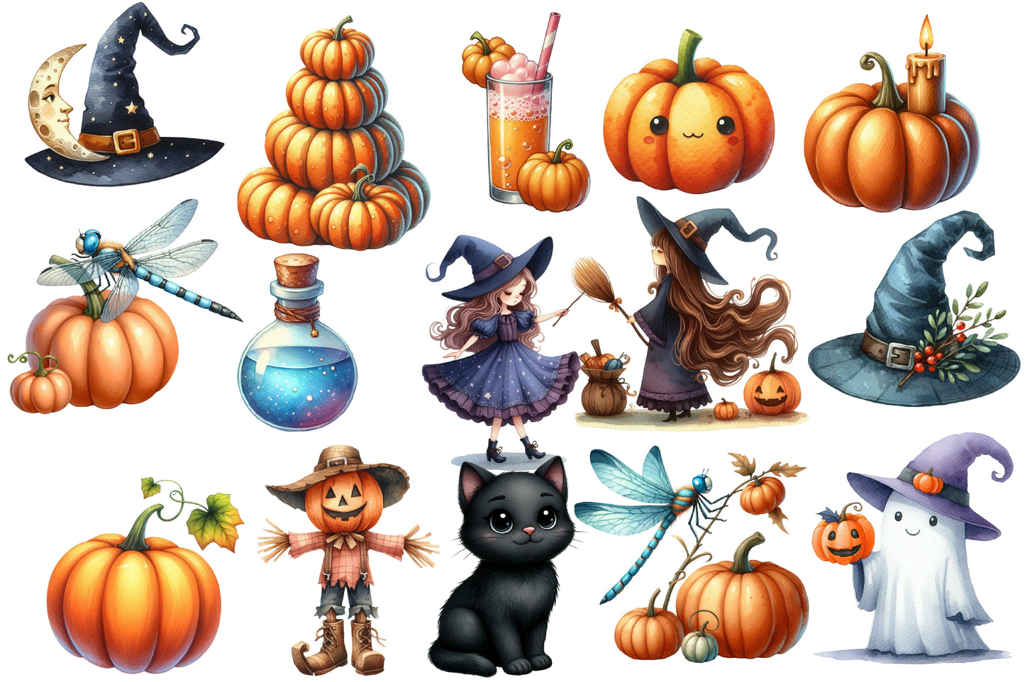 Halloween Season Clipart PNG Bundle | 53 Cute Halloween Witch Ghost Pumpkin Clipart