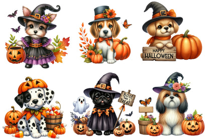 Watercolor Halloween Dogs Clipart PNG Bundle | Cute Spooky Dogs, Pumpkins, Ghosts & Witch Costumes PNG