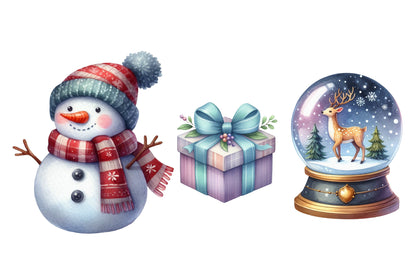 Cute Christmas Clipart PNG Bundle | Santa Claus, Snowman, Reindeer, Christmas Tree, Wreath, Gifts & Candy Cane Clipart